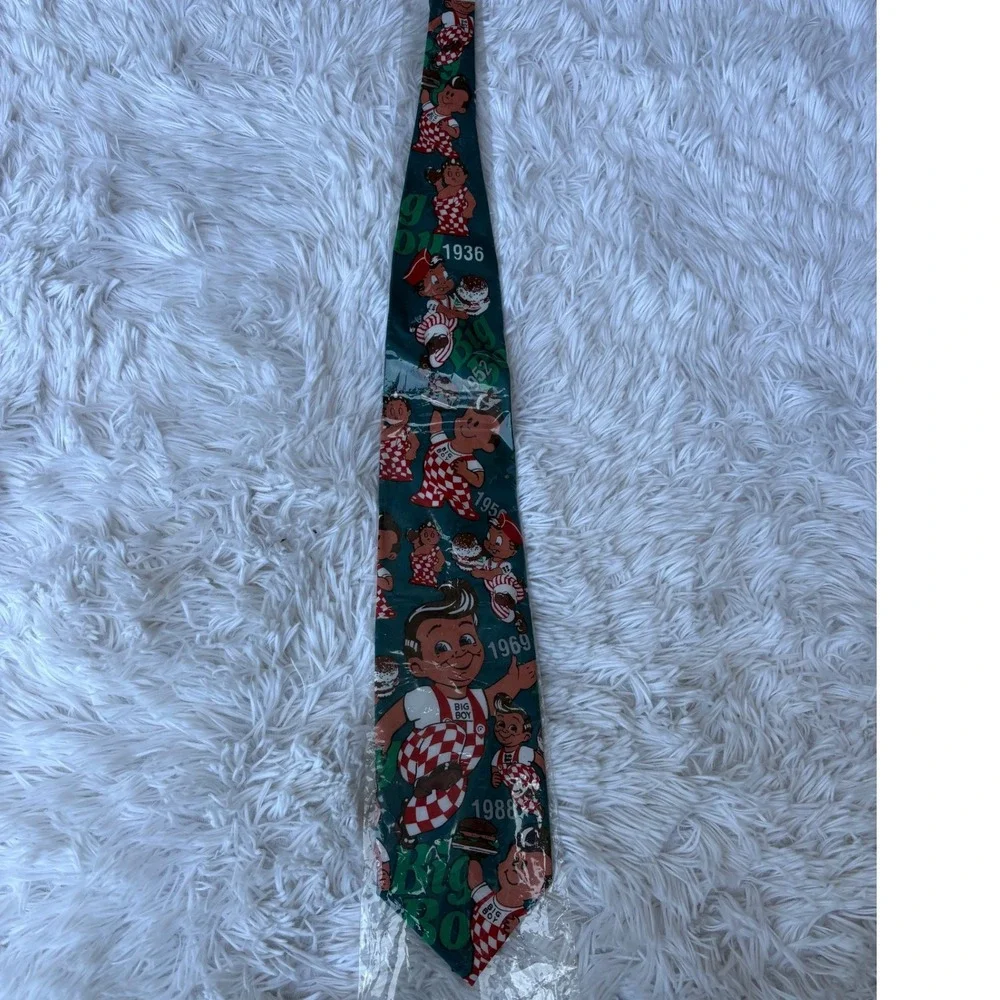 Vintage Big Boy Restaurants Mascot Tie Timeline Green Silk Blend